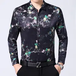 Для мужчин шелковая блузка Длинные рукава пальто с принтом Для мужчин 95% шелк Повседневная рубашка