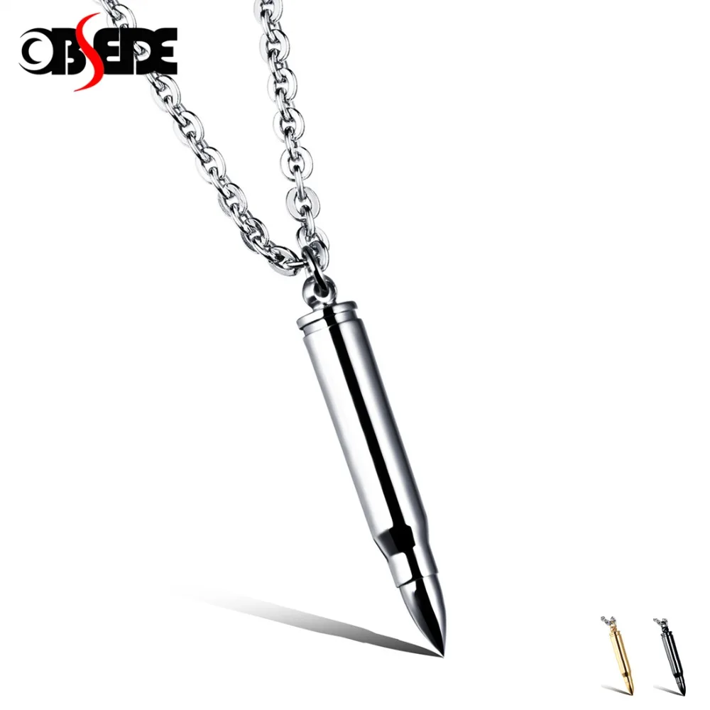 

OBSEDE Charm Men Jewelry Titanium Stainless Steel Bullet Pendants Punk Rock Necklace Silver/Black/Gold Link Chain Punk Gift