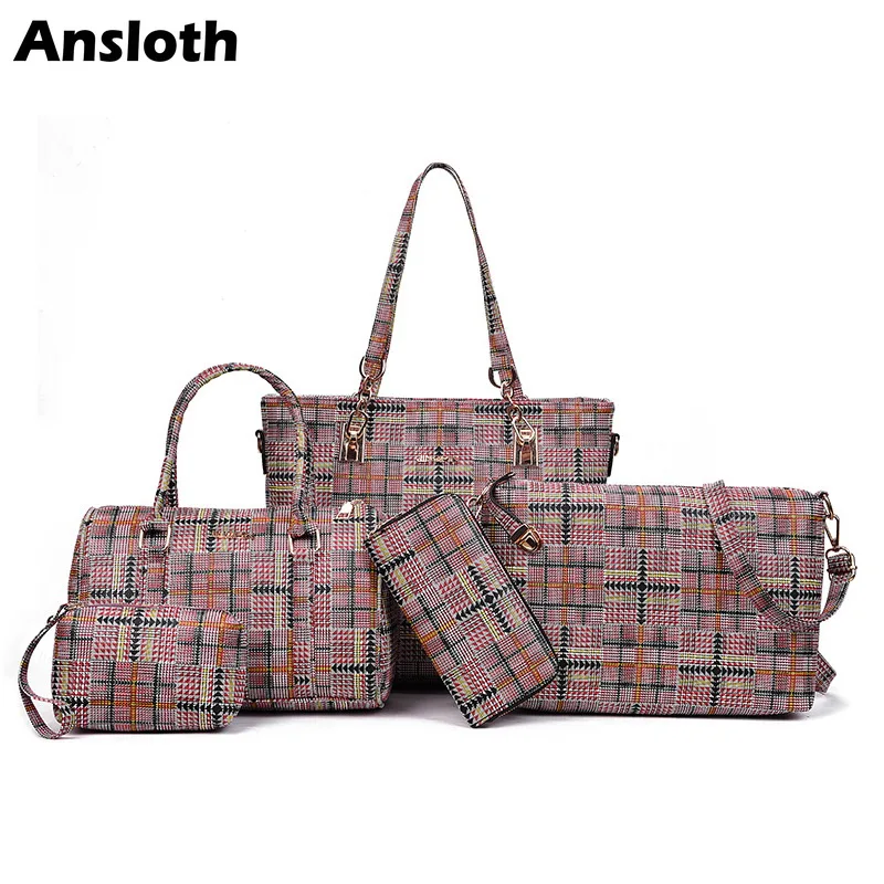 

Ansloth 5 Sets Vintage Plaid Women Composite Bags Canvas Shoulder Bags Handbag Fashion Crossbody Bag Women Purse Clutch HPS235