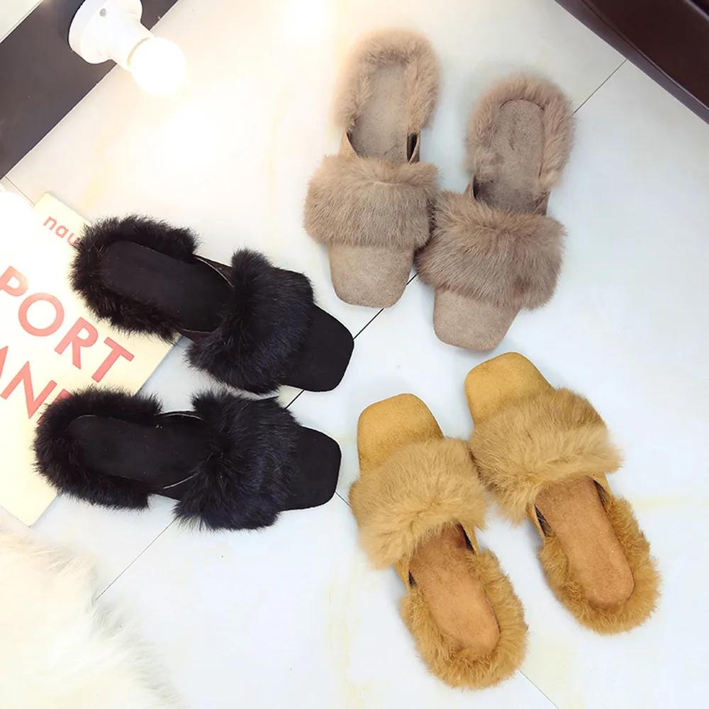 

Womens Warm Non-Slip On Sliders Fluffy Faux Fur Flat Slippers Flip Flop Sandals