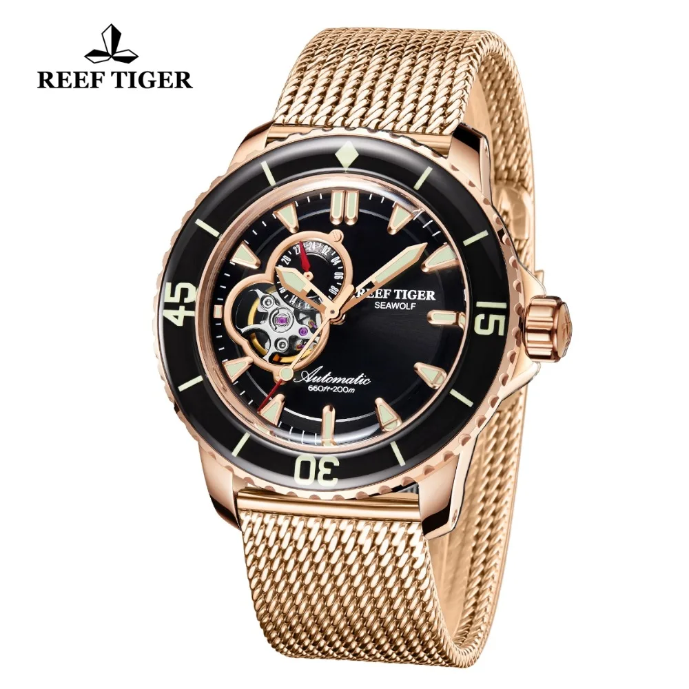 Мужские автоматические спортивные часы Reef Tiger/RT цвета розового золота с
