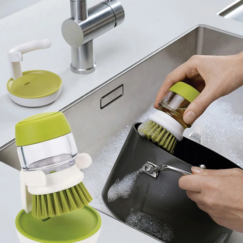 2 in 1 Cleaning Brush Small Detergent Can for Pot Pan Dish Bowl Kitchen
