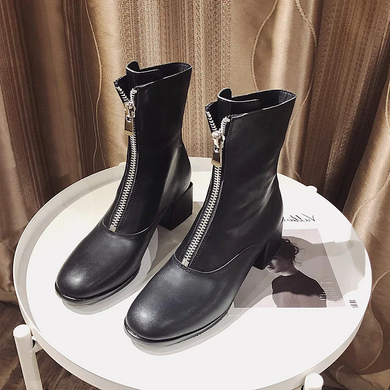 

Casidueho Women Short Boots Real Leather Winter Booties Front Zipper High Heels Dress Shoes Woman 2018 New England Motor Bots