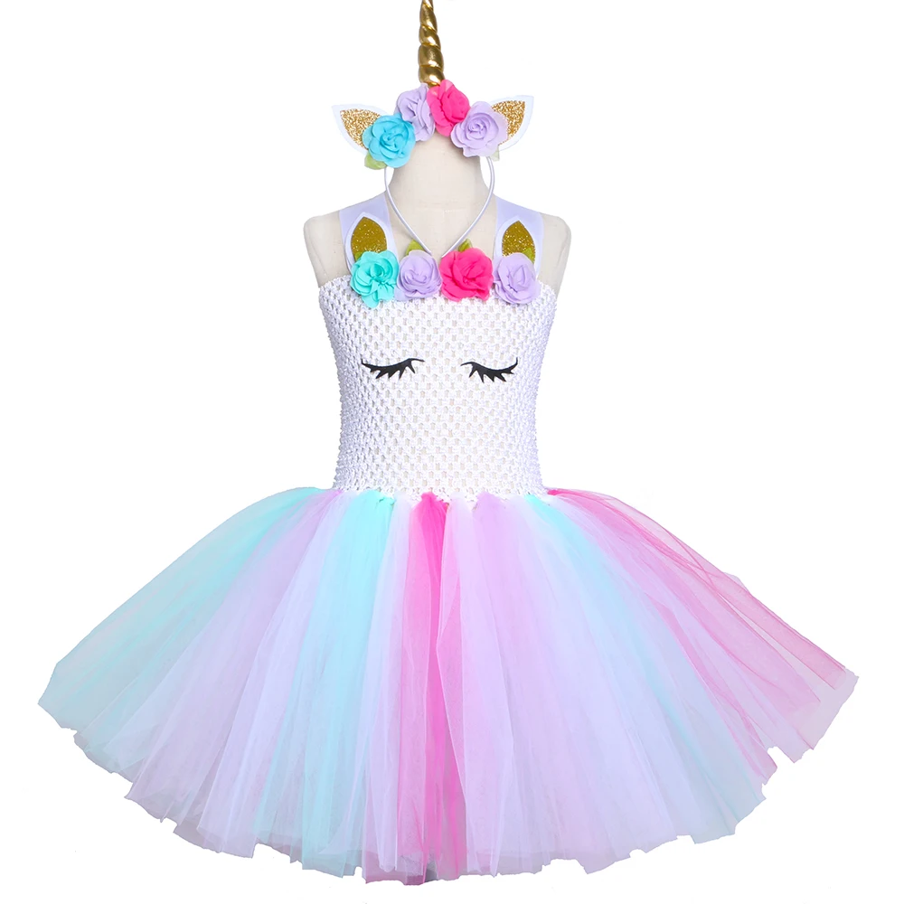 Пастельное платье-пачка с единорогом для девочек; праздничное платье с цветочным узором для девочек на День рождения; детское нарядное платье для детей; костюм на Рождество и Хэллоуин