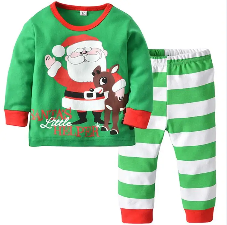 Christmas Sleepwear Home Wear Clothes Baby Home Service Boy Girl Red Print Christmas Deer Top+ Striped Pants Set Kids Clothes - Color: green