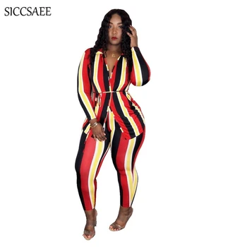 

2018 Fall New Colorful Vertical Striped Print Two Piece Set Fringe Overalls Boho Style Sexy Club Outfits Blazer Feminino Strappy