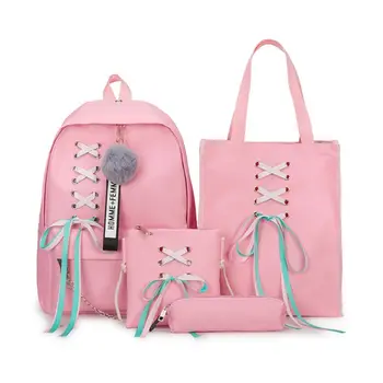 

4Pcs/Set Ribbon Chain Bowknot Letter Canvas Backpack Travel Rucksacks Leisure Backpacks For Teenage Girls School Bagpack 2019