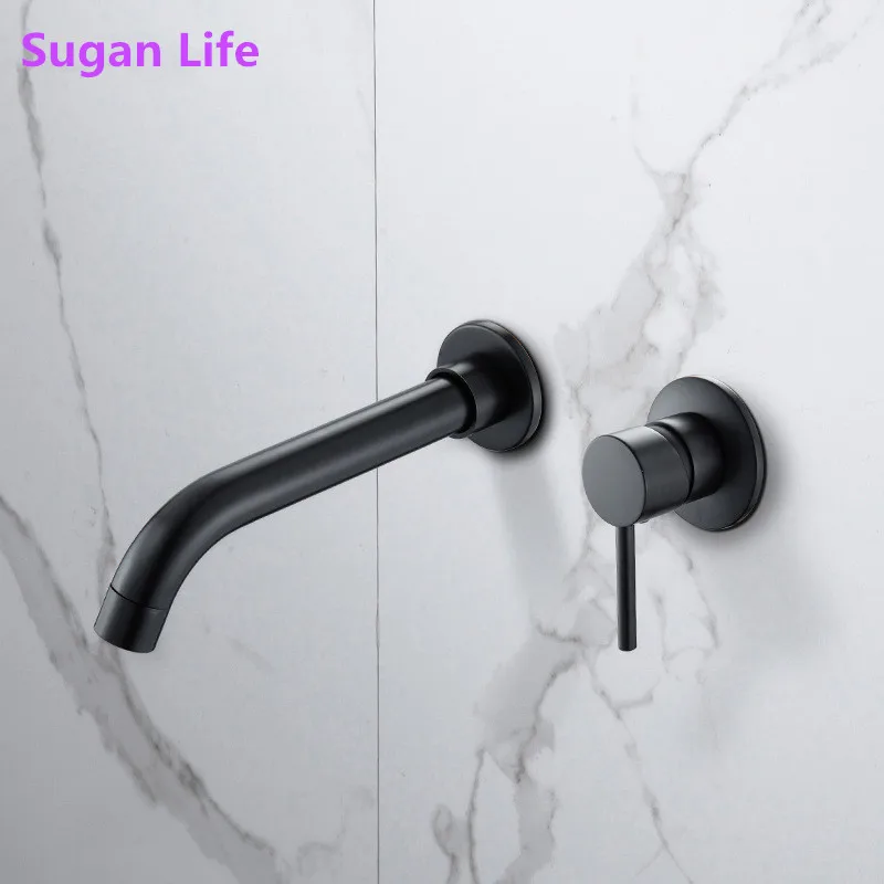 

Sugan Life Brushed Gold Basin Faucet Concealed Wall Mounted Faucet Tap 360 Rotation Single Handle Hot Cold Water Bath Mixer Tap