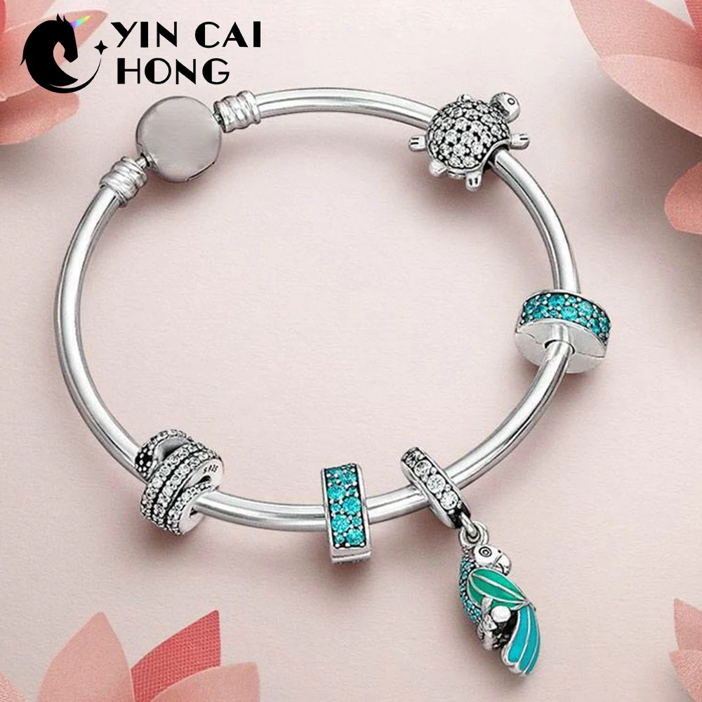 

YCH 100% 925 Sterling Silver 1:1 Turtle with cubic zirconia Beaded TROPICAL PARROT HANGING CHARM Bangle Natural Charm Gift Set