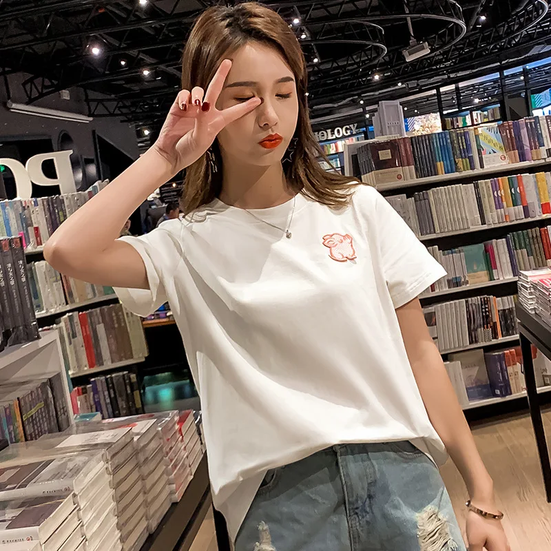 

Summer T shirt Women Pig Embroidery Loose Casual Harajuku T-shirt Female Big Size Black White Tshirt Plus Size Tops Tee 2019 New