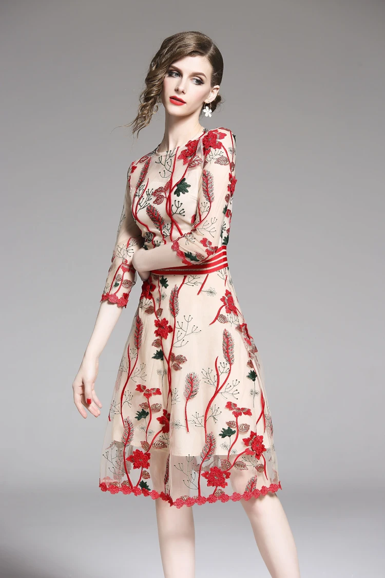 H han queen 2019 новые сетчатые кружевные платья женские повседневные трехмерные цветочные платья с вышивкой модные тонкие винтажные платья