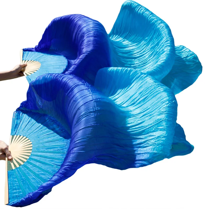 Stage Performance 100% Silk Belly Dance Fans Gradient Colour Dance Accessories Belly Dancing Silk Fans royal blue+turquoise