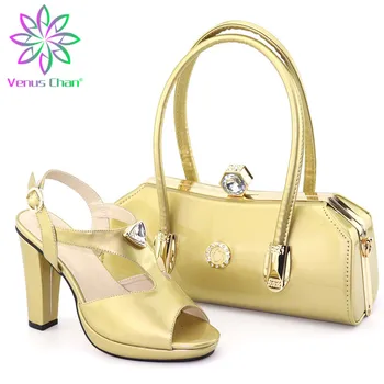 

Golde shining crystal Italian shoes with matching bag lady matching shoes and bag rhinestone African shoes and bag set for part