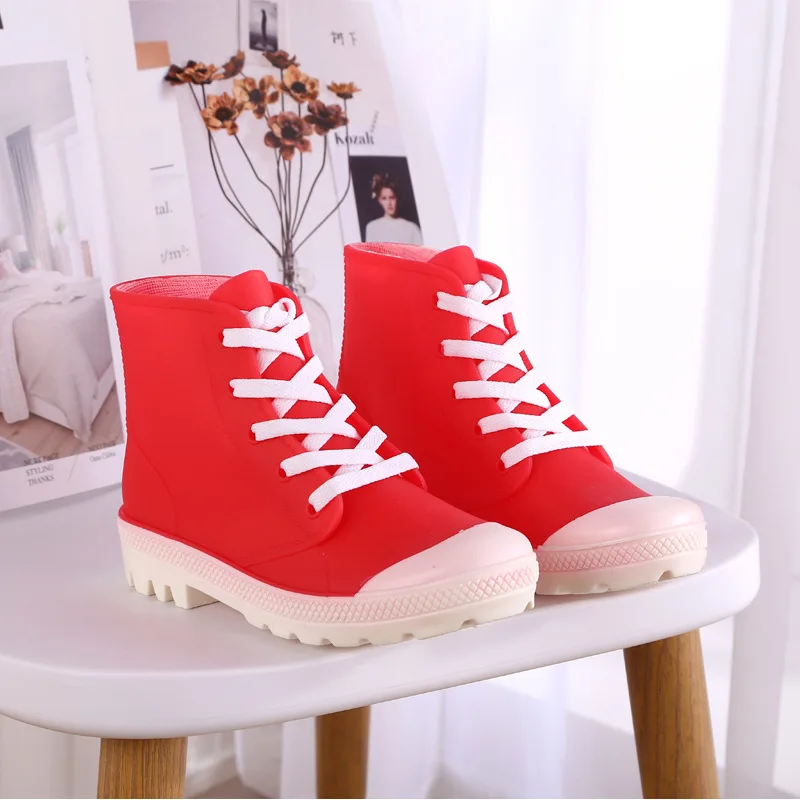 Red Детские Повседневное мода ПВХ Мартин непромокаемые зимние сапоги Водонепроницаемый женские ботильоны на шнуровке женские резиновые сапоги Водонепроницаемая Обувь Большого размера: 36–40 - Цвет: Red