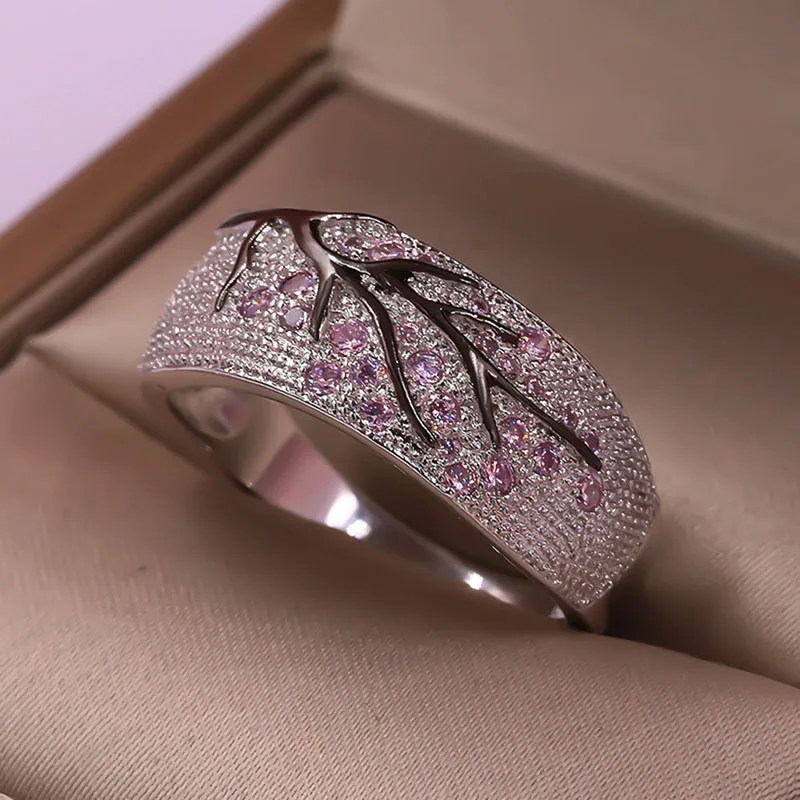 Серебряное кольцо с камнями Красный горный хрусталь дерево ветка с листьями кольцо для женщин Девушка кубический циркон Свадебные кольца ювелирные изделия