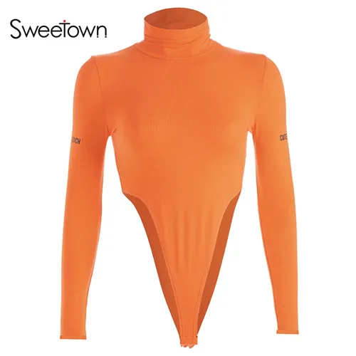 orange Sweetown Green боди с длинным рукавом и высоким воротом, женский сексуальный оранжевый Облегающий комбинезон, короткий комбинезон, Зимний боди, Женские базовые боди - Цвет: orange