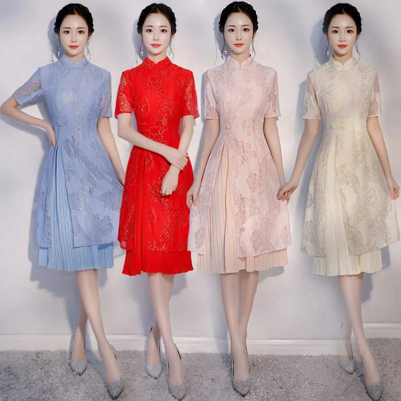 Новинка г., Платье До Колена Cheongsam в китайском стиле с воротником-стойкой женские летние кружевные тонкие вечерние платья Qipao Vestido