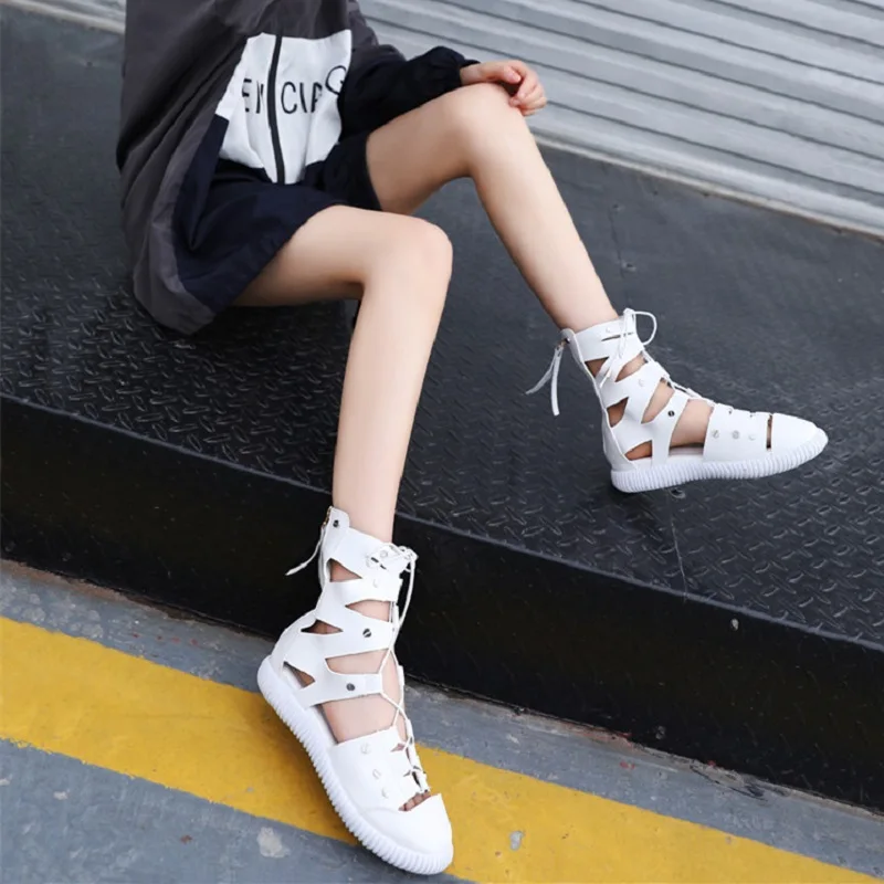 

2019 summer new style strap high-top flat Roman lace-up boots women's shoes