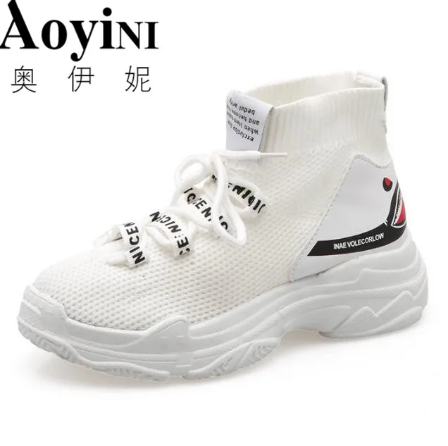 

Totem Cartoon Shark Sock Shoes Women High-top Light Weight Non-slip Letter Sneakers Woman Increasing Outdoor Canvas Shoes