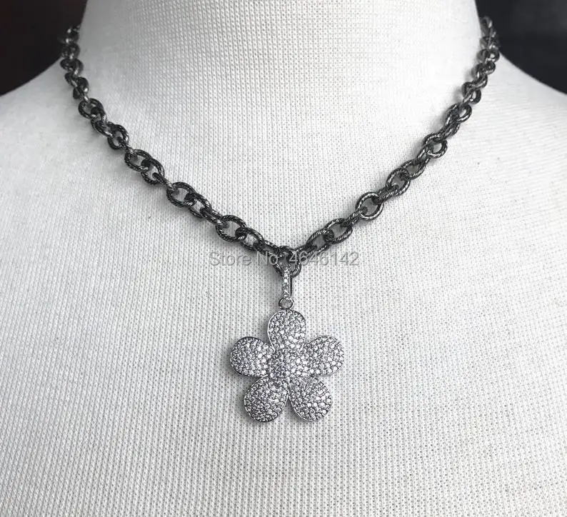 

Gunemtal Chain With Pave CZ flower Charm Pendant