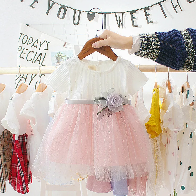 

High Quality 2019 Summer Girls Dresses O-Neck Short Sleeve Belt Floral Cotton Mesh Princess Newborn Dress Girl Toddler Clothes