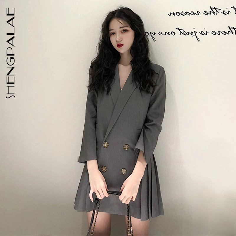 SHENGPALAE 2019 الربيع و الصيف الرجعية اللباس الرسمي اللباس المرأة أنيقة صغيرة فستان بتصميم بدلة ألف خط زر فوق الركبة ، مصغرة FN474