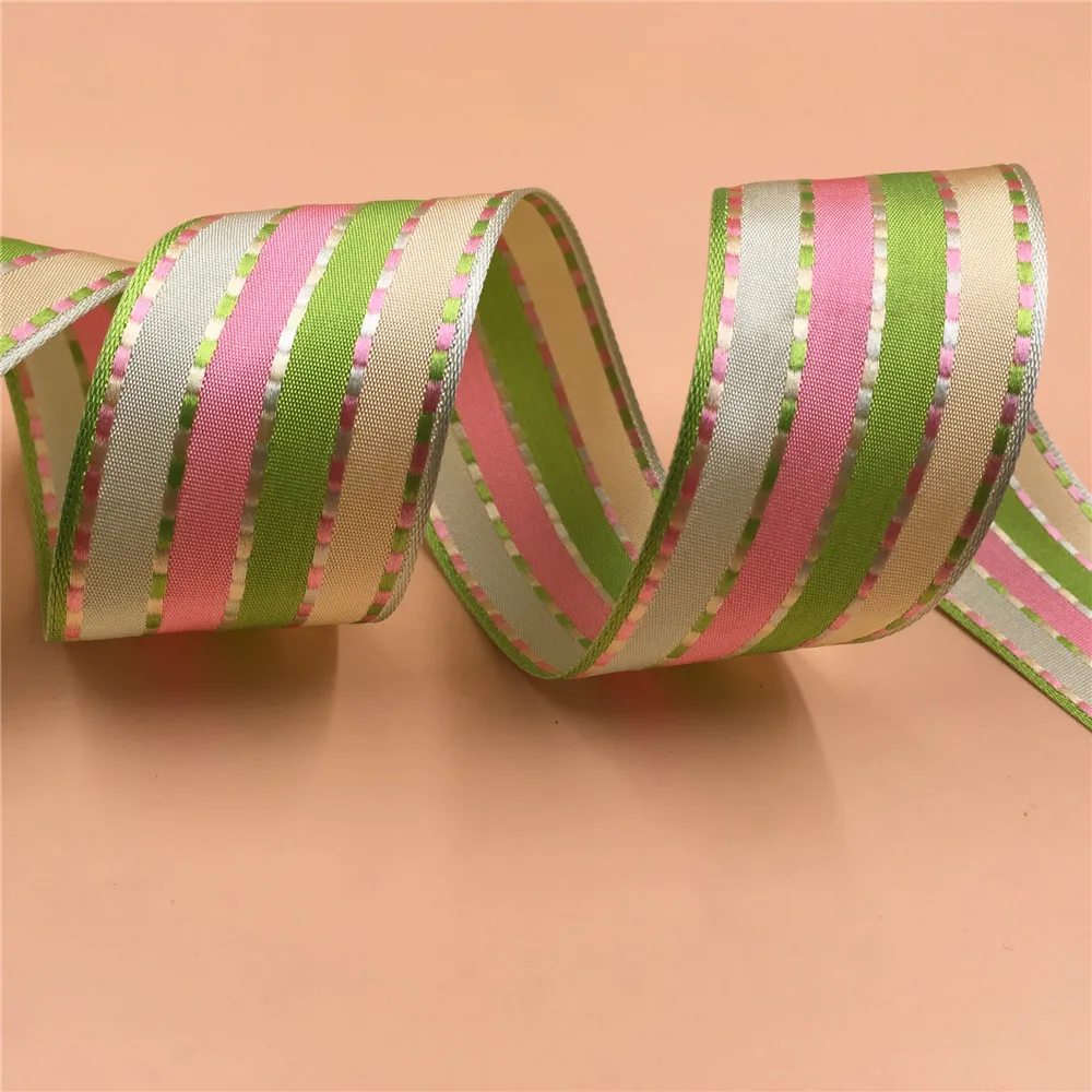 

N1107 38mm X 25yards Wired Stripes Taffeta Ribbon With Stitched Lines.gift Bow,wedding,cake Wrap,tree Decoration,wreath