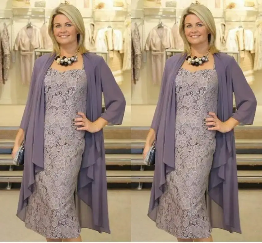 

Two Pieces Chiffon Jackets Sheath Mothers For Weddings vestido novia Prom Evening gown short Lace Mother of The Bride Dresses