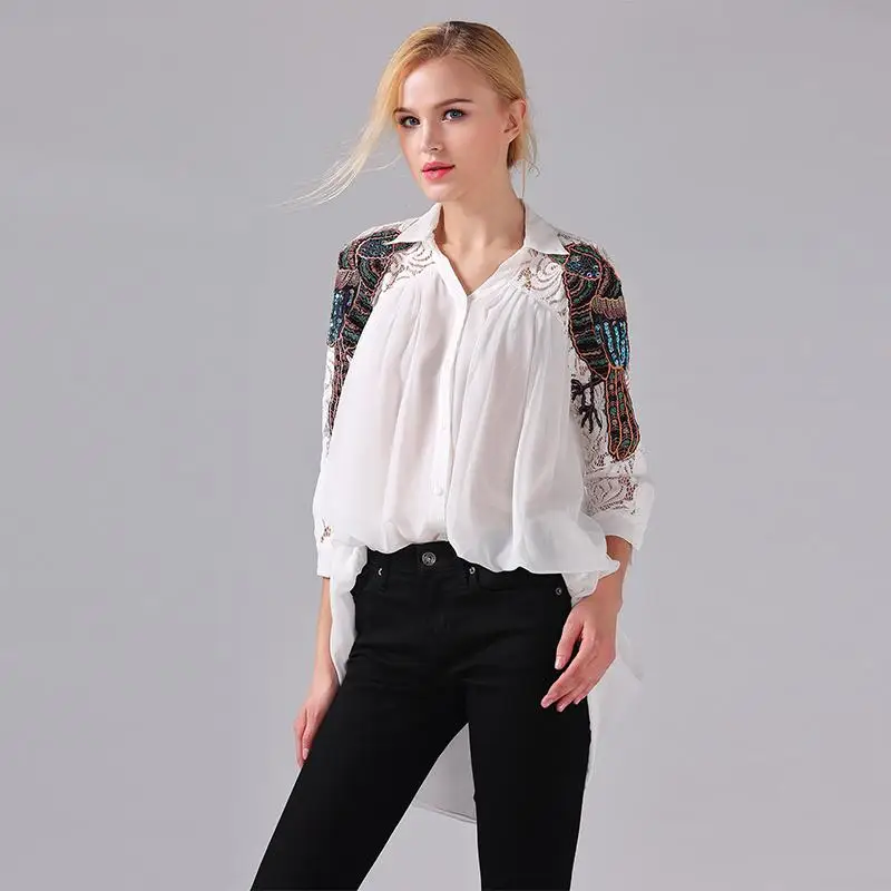 

European Blouse New 2019 Spring Summer White / Black / Sky Blue Parrot Embroidery Lace Sleeve Beading Elegant Blouse