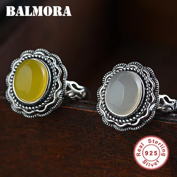 

BALMORA 1 Piece 925 Sterling Silver Chalcedony Open Rings for Women Mother Party Gift Bijoux Vintage Fashion Jewelry TRS20067