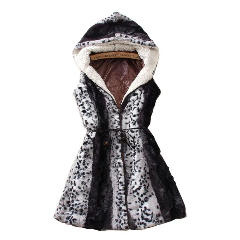 

New Autumn Winter Ladies Faux Fur Vest Women Hooded Leopard Long Waistcoat Synthetic Fur Coat Sleeveless Jacket Outwear
