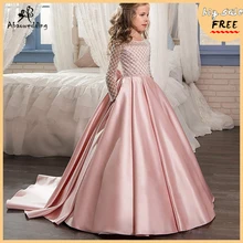 Новинка; платья для первого причастия с длинными рукавами; Платья с цветочным узором для девочек с круглым вырезом и бантом; Бальные платья на заказ; Vestidos