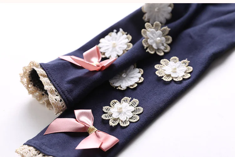 2018 Summer Kids Children Cotton Pink Gray Navy Blue Full Length Capri With Bow Flower Foral Lace Baby Girl Leggings Children (23)