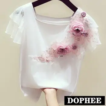 

Lace Stitching T-shirt Women Three-dimensional Flower Butterfly Sleeve Square Collar 2019 Summer Top Tees Girls Students
