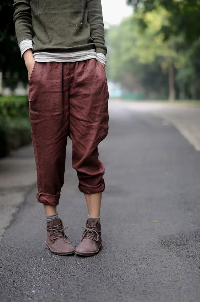 Johnature, женские льняные брюки-карандаш, красные, осень, новые свободные повседневные длинные штаны с эластичной резинкой на талии, прямые винтажные штаны высокого качества