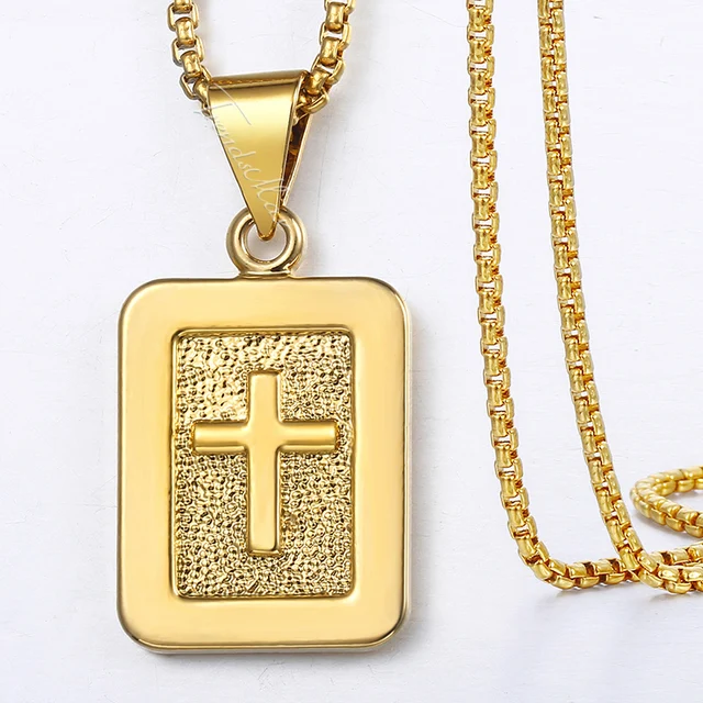 Womens Mens Cross Pendant Necklaces Carved Dog Tag Christian Gold