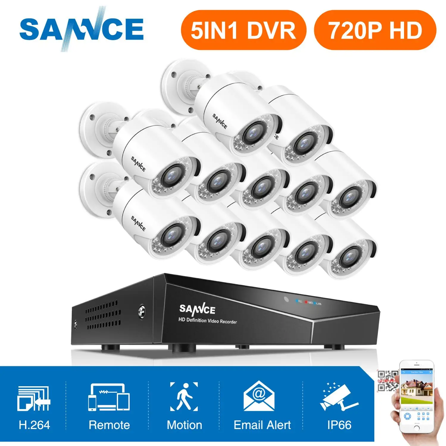 

SANNCE 16CH 720P Home Video Security System 5IN1 DVR With 12PCS 1MP Outdoor Weatherproof TVI Camera Home Surveillance DVR Kit