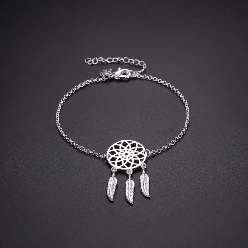 925 pure silver plated Dreamcatcher Charm Bracelet For Women Feather