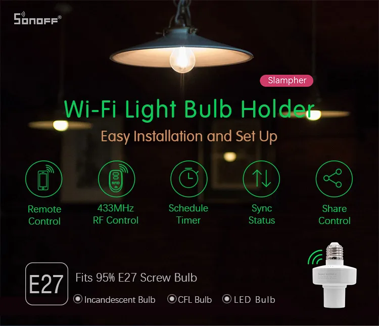 Sonoff Slampher RF 433 МГц беспроводной контрольный светильник, держатель E27, Универсальный WiFi светильник, лампочка, держатель для умного дома, IOS, Android, переключатель