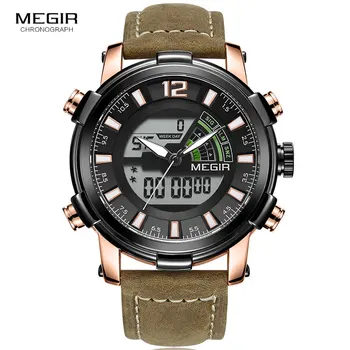 

Megir Men's Sports Quartz Watches Back Light Multiple Time Zone Chronograph Wrist Watch Man LED Leather Strap Week 2089G Rose