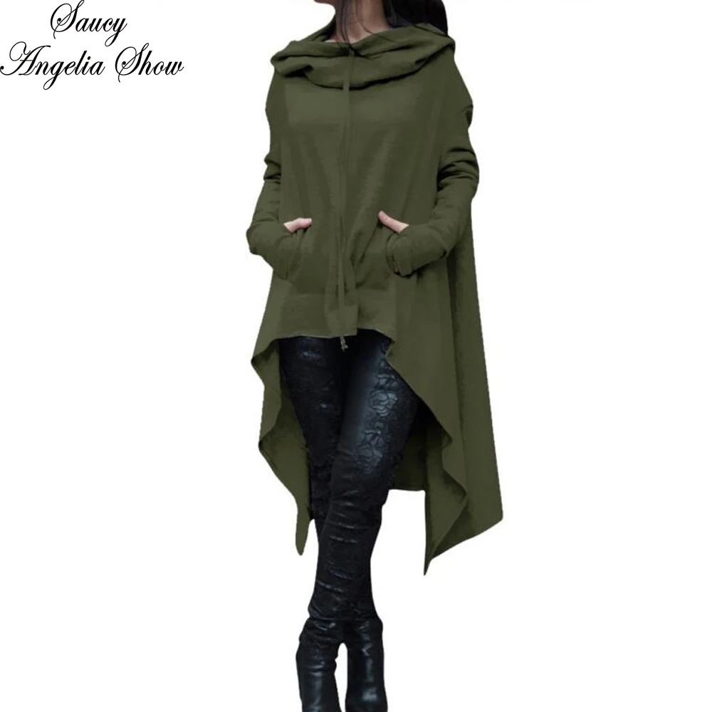 SAUCY ANGELIA Women Army Green Hooded Long Sleeve Maxi Autumn Dress Irregular Stretchy Loose Party Dresses Casual Vestidos XXXXL