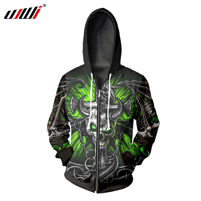 

UJWI Cool Men Hoody Hoodies Dragon Around Sword Skull Zipper Sportswear Funny Hip Hop Tracksuits Casual Novelty Harajuku Styles