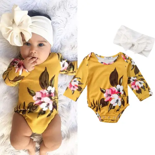

Newborn Baby Girl Long Sleeve Floral Romper+Headband 2Pcs Clothes 0-18M
