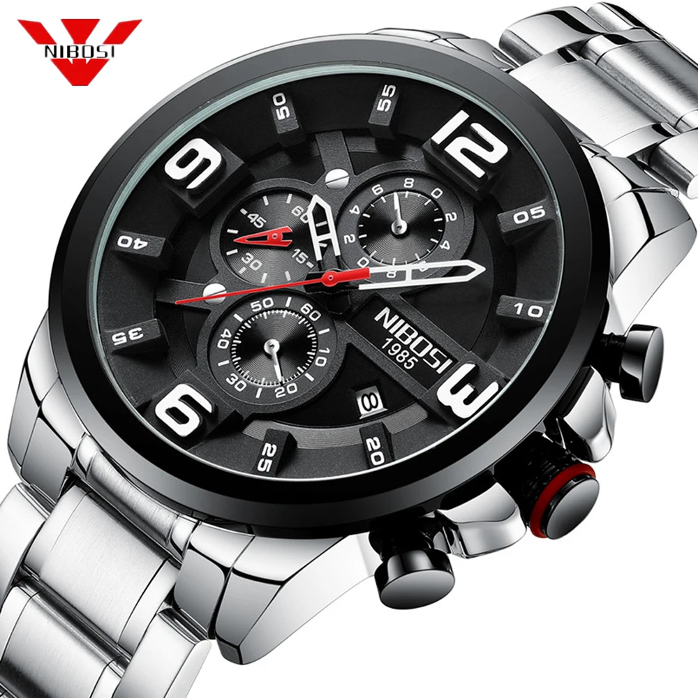 Meilleur NIBOSI nouveau noir grand hommes montres Top marque de luxe Sport Quartz hommes montres Quartz noir Sport montre hommes Relogio Masculino