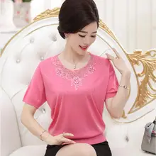 Новинка летние футболки женская одежда для мамы Футболка женская вышивка короткий рукав средний возраст Женская свободная крутая льняная рубашка