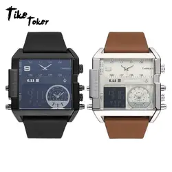 Тике Toker, бренд Для мужчин часы трех часовых поясах аналоговой электроники двигаться Для мужчин t ремень из натуральной кожи Группа Пряжка