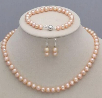 

hot sell Genuine 6-7mm Natural Pink Freshwater Pearl Necklace Bracelet Hook Earrings Set