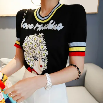 

Summer Short Sleleve Sweater Women Korean Chic Beauty Lady Pattern Hit Color Jacquard knitted Pullover Sweater Thin Knitwear
