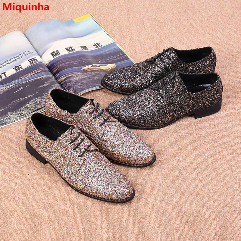 Miquinha Pointed Toe Basic Style Bling Design Men Shoes Lace Up Casual Party Nightclub Breathable Leisure | Обувь
