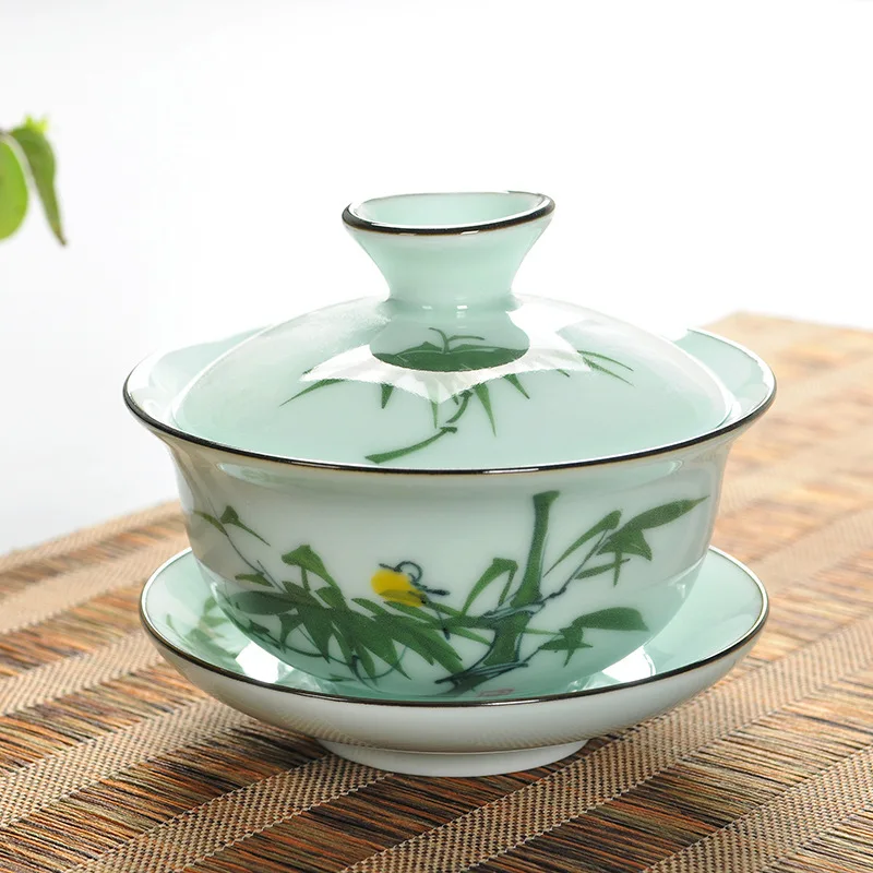 Bowl-Green Bamboo Ручной Celadon Will Tureen ручная керамика с уважением чайная чашка кунг-фу чай есть труба три дарования чаша образец чашки чая - Цвет: Bowl-Green Bamboo
